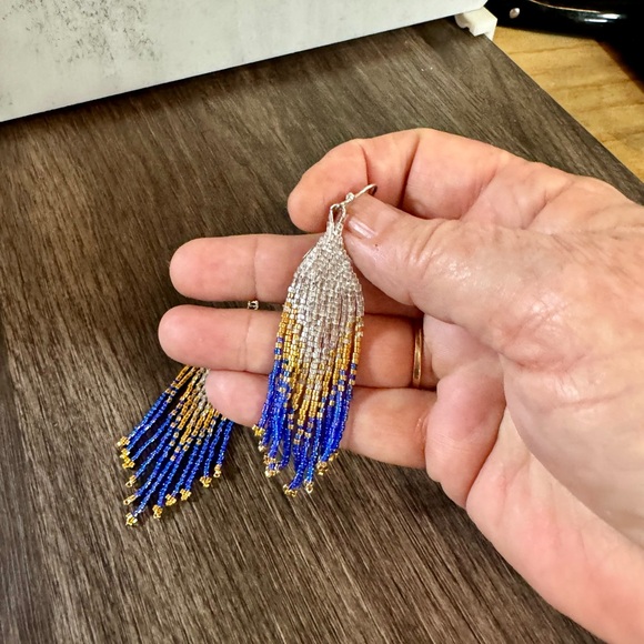 Handmade Beaded Earrings Medium Length Earrings Gold, Blue, Iridescent White - Picture 3 of 7